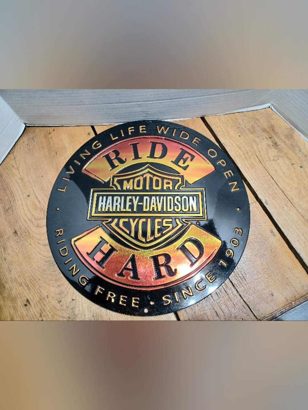 Harley-Davidson Ride Hard Motorcycle Sign 14" Diameter Metal Garage Decor